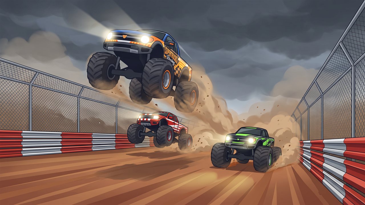 Super Trucks Multiplayer Racing splash artwork with the branded front truck airborne above the track
