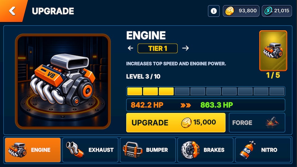 In-game engine upgrade screen showing upgrade cards and performance tiers